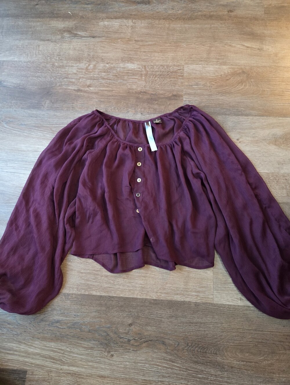 Wilster Sheer Maroon Burgundy Boho Bishop Sleeve Cropped Blouse Shirt Size M